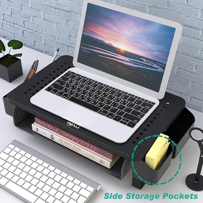 WALI Monitor Stand with Storage, Monitor Riser with Ventilation Drawer and Side Storage, Laptop Stand Riser for Desk, Printer Stands, (STT007), Black