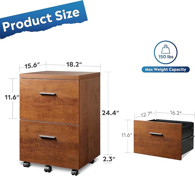 DEVAISE Wood File Cabinet, 2 Drawer Filing Cabinet for Home Office, Vertical File Cabinets with Wheels fits A4/Letter/Legal Size File, Walnut