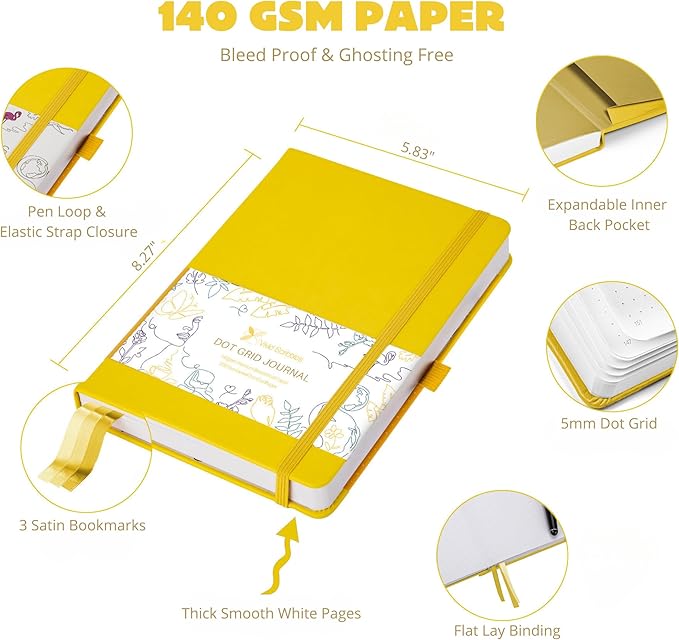 Dotted Journal – 140gsm Bleed Proof Thick White Paper – 200 Numbered Dot Grid Pages – 5.8 x 8.3 inch Bullet Dotted Notebook