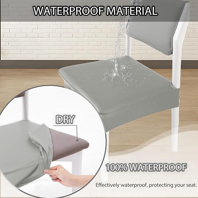 CWK Waterproof PU Leather Dining Chair Covers Set of 6-Stretchable Chair Seat Slipcovers, Removable & Washable Protector for Dining Room,Home,Office,Wedding,Rear Covers (PU-Silver)