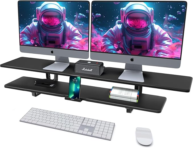 Dual Monitor Stand, 2-Tier Wood Monitor Riser with Storage Organizer and Cable Management, Black