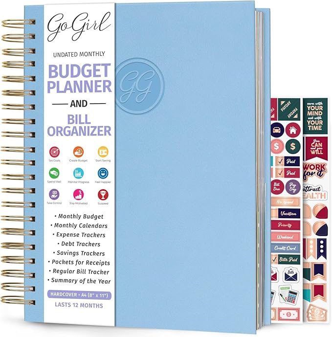 GoGirl Budget Planner & Monthly Bill Organizer – Monthly Financial Book with Pockets. Expense Tracker Notebook Journal, Large (Periwinkle)