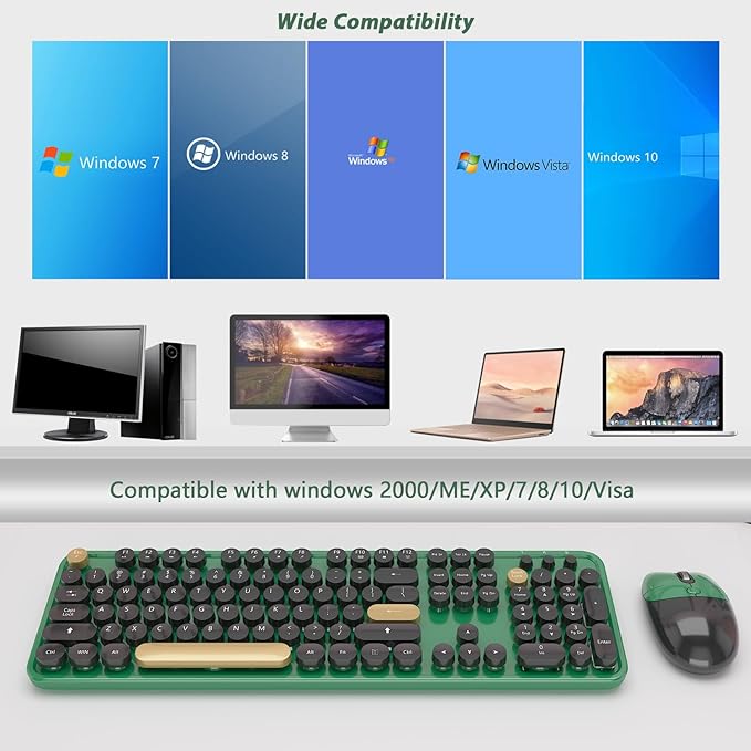 Wireless Keyboard,KOOTOP Cute Colorful 104 Keys Typewriter Retro Round Keycaps Keyboard for PC Laptop,Desktop,Windows, Home and Office Keyboards (Black Green)