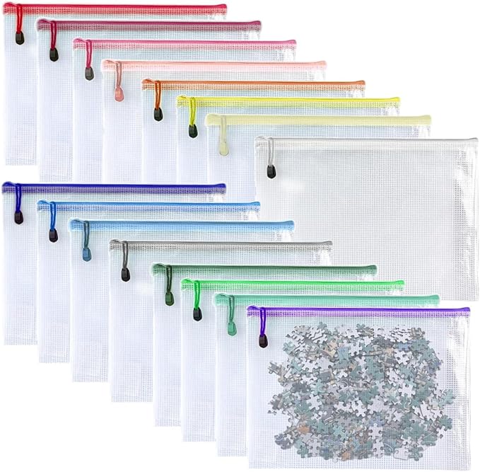 Oaimyy-16 PCS-12 x 16 Inches-Mesh Zipper Pouch, Plastic Zip File Folders Puzzle Bags for Organizing,for Office Supplies,Travel,Home Storage-Multicolor, 12"x 16"