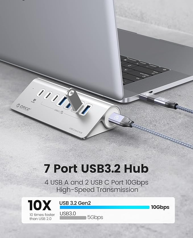 ORICO 7 Port USB Hub 10Gbps, Aluminum USB 3.2 Gen 2 Hub, 6 USB 3.2 Data Ports, PD 60W Ports, 1.64Ft C to C Cable, USB Data Hub for Laptop