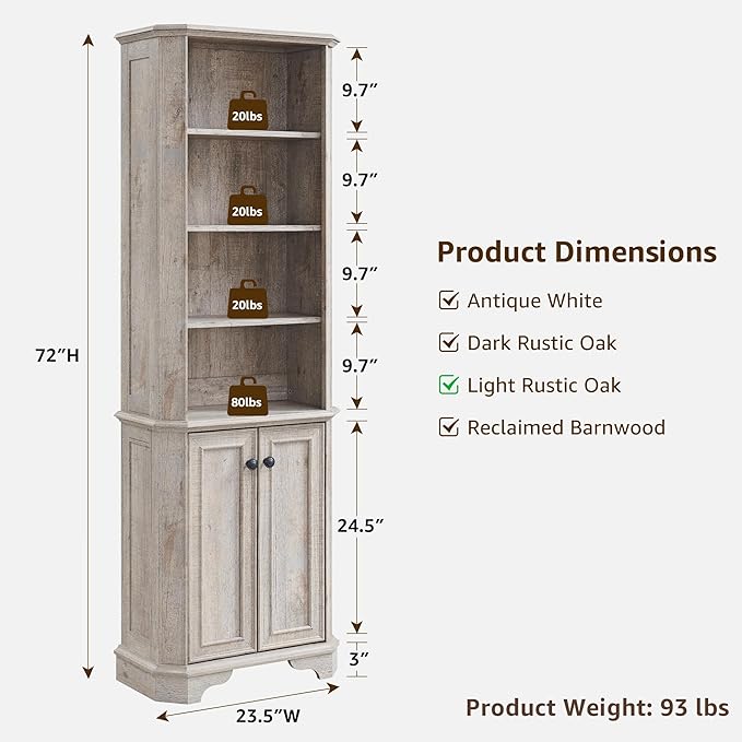 T4TREAM 6-Tier Bookshelf with Storage, 72" Tall Farmhouse Bookcase with Doors and Adjustable Shelves, Wooden Floor Standing Display Book Shelf Organizer for Home Office, Light Rustic Oak