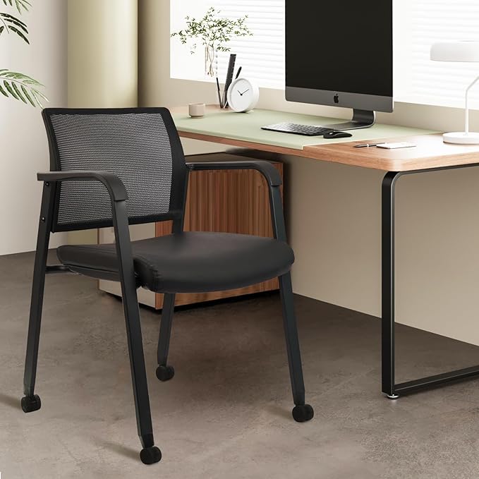 CLATINA Stacking Office Chair with Wheels, Mesh Back Waiting Room Guest Chairs with Arms Comfortable Leather Cushion Stackable Desk Chair for Conference Reception School Side Stationary, Black, 4PK