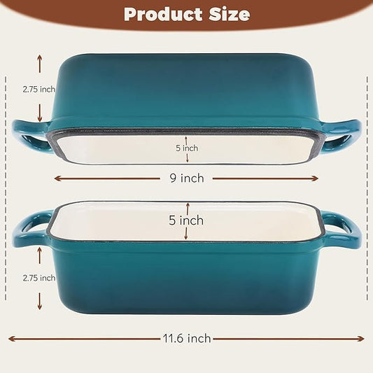 Cast Iron Loaf Pan With Lid, Enameled Bread Loaf Pan For Homemade Bread Sourdough, 2 In 1 Loaf Pans For Baking Bread 9x5, Even Heating Bread Dutch Oven, Teal