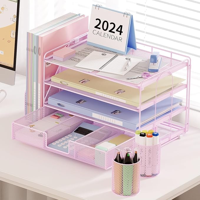 Desk Organizer and Accessories, 4-Tier Desktop File Organizer with Drawer and 2 Pen Holders, Office Desk Accessories for Office Supplies(Pink)