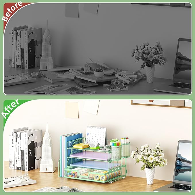 Marbrasse Desk Organizer and Accessories,4-Tier Paper Letter Tray Organizer with File Holder, Desk Accessories & Workspace Organizers with Drawer and 2 Pen Holder (Green, 15.4" x 9.1" x 8.3")