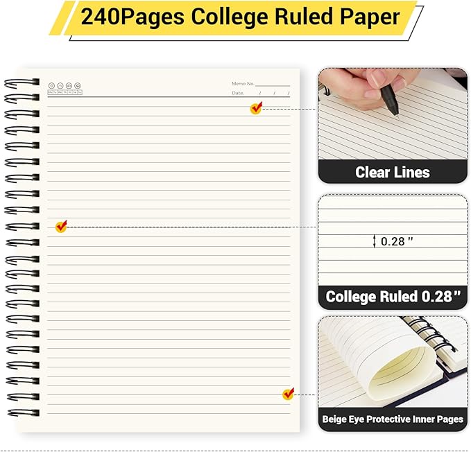 EUSOAR Notebooks for Work, 1 Pack A4 8.3"x11.2" Hardcover Spiral Lined Journal College Ruled, 240 Pages(120 Sheets) Writing Pads Professional Notebook for DIY Note Taking School Business Office