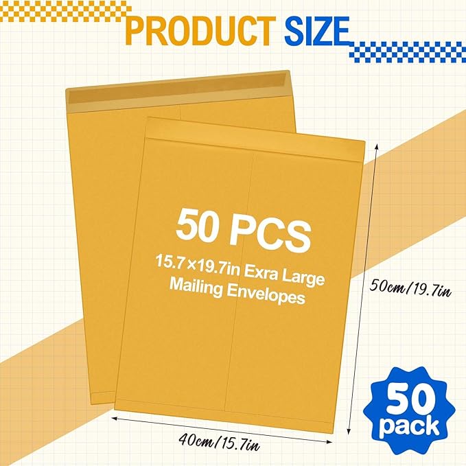 50 Pcs 16 x 20 Inch Extra Large Mailing Envelopes 32lb with Gummed Flaps, Catalog Envelopes Jumbo Craft for Mailing, Storage and Organizing Documents Office Supplie