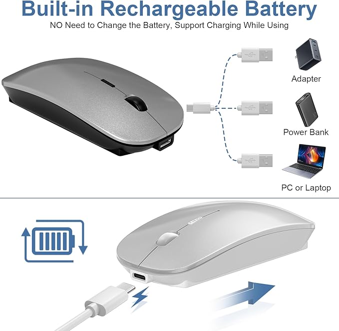 Mouse for Laptop Wireless Bluetooth - MacBook Air Mac Pro PC iPad Optical Rechargeable Silent Mouse with Jiggler Dual Mode Switch Bluetooth 5.2/3.0 and 2.4GHz USB-A and Type-C Receiver White