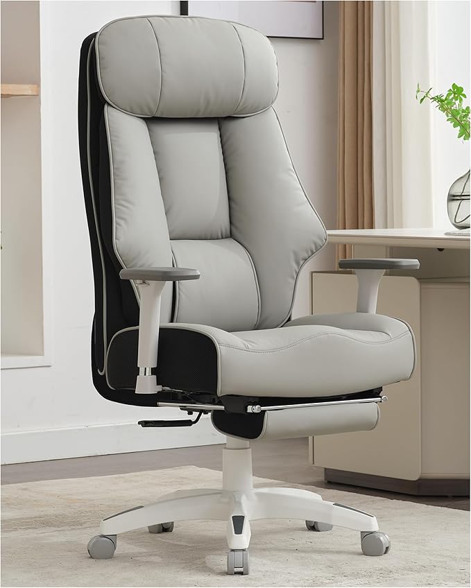 DJ·Wang Big and Tall Office Chair 400lbs with Foot Rest, High Back Executive Office Chair with Extra-Thick Spring Cushion, Ergonomic Leather Chairs Gray