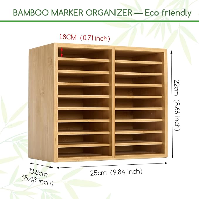 MEEDEN Bamboo Marker Holder Organizer: Holds 126 Pens with 18 Compartments- Art Supply Storage & Holder for Alcohol Markers,Pens,Pencils