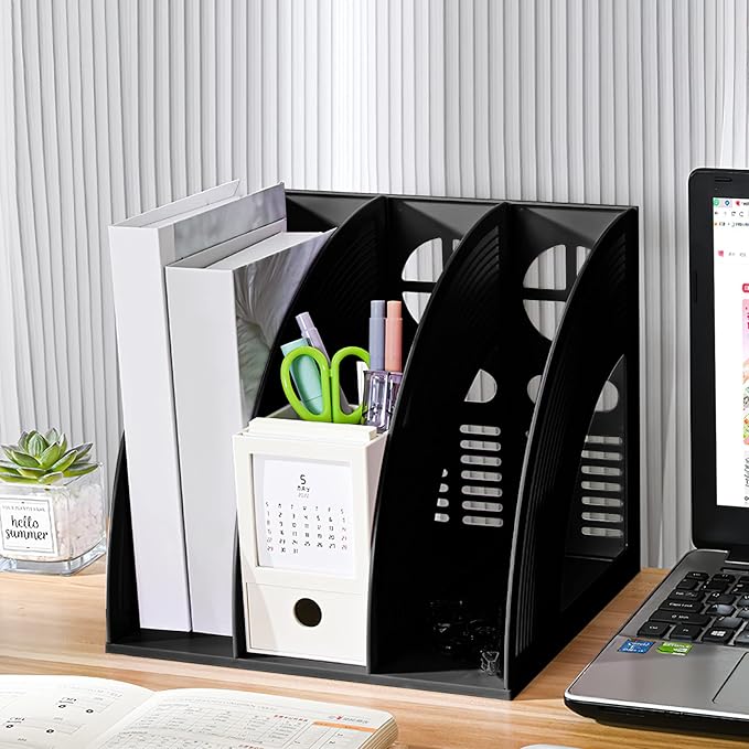 SAYEEC 2 Pack Magazine File Holder for Desktop 3 Compartment Binder Folder Notebook Standing Organizer Office Racks Black Holds Documents for School Working
