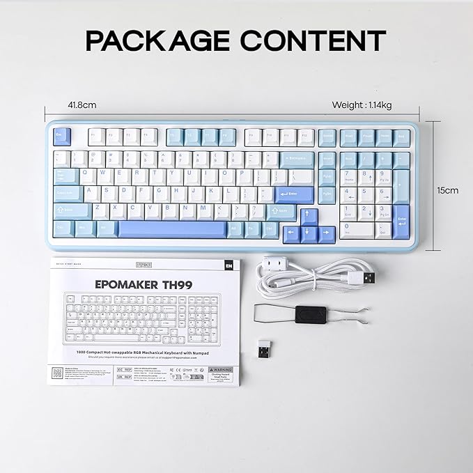 EPOMAKER TH99 Wireless Mechanical Keyboard with Lubed Silent Switch, Quiet Gaming Keyboard, 8000mAh,Creamy Gasket,RGB Backlit,Numpad,PBT Keycap,Hot Swappable,for Gamers/Office (Blue&White)