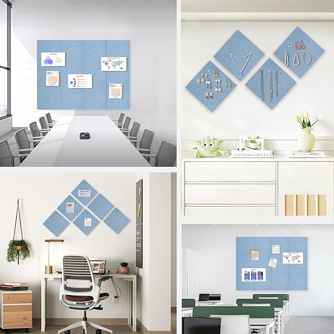 Large Cork Board for Office Wall Decor,48"x36"-12 Pack Felt Wall Tiles with 35 Push Pins, Thicker 0.47in, Felt Bulletin Board Pin Board Cork Boards for Walls - Light Blue