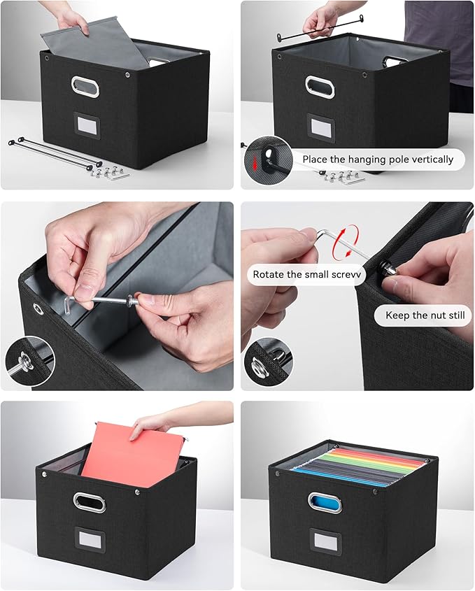 Oterri File Organizer Box with Lid,Large Hanging Filing Box with Mesh Pocket, Document c for Letter Files, Portable Storage Case with Smooth Sliding Rail for Office&Home (1 PCS, Black)
