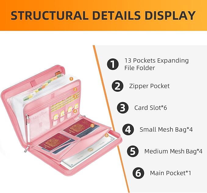 JUNDUN Accordion File Organizer - Fireproof Accordion Folder with Zipper & Labels - 12 Pocket Expanding File Folder with Multi-Pockets Paper Organizer Folder for Letter A4 Files and More (Pink)