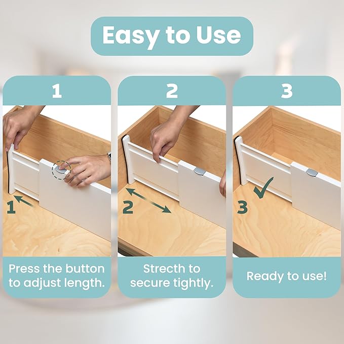 RAPTUROUS Adjustable Drawer Dividers 4 Pack, 4” High, 11-17” Long, Dresser Drawer Divider for Bedroom, Closet, Kitchen, Nursery Organization, Office, Strong & Sturdy Hold, Soft Foam Edges(White)