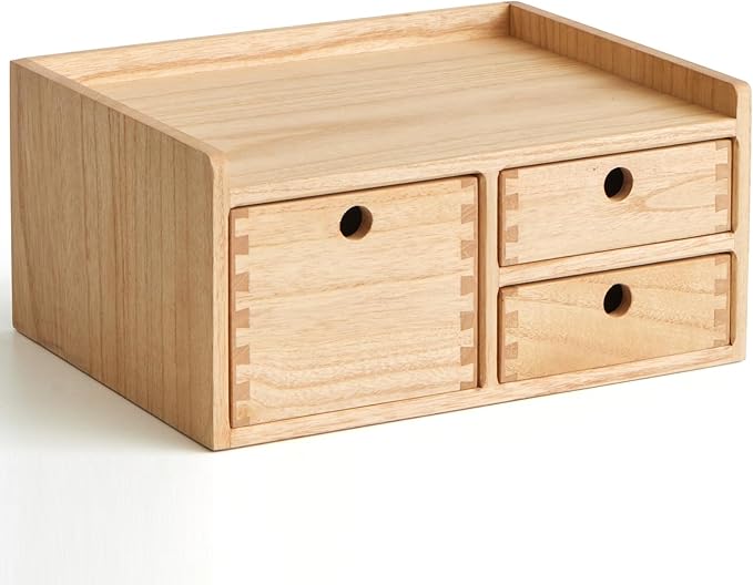 KIRIGEN Desk Organizer with 3 Drawers - Wood Drawer Storage Box with Trays for Tabletop - Workspace Office Toiletries Supplies Tool Caddy - Wooden Storage Cabinet Natural(DT1D3C-NA)