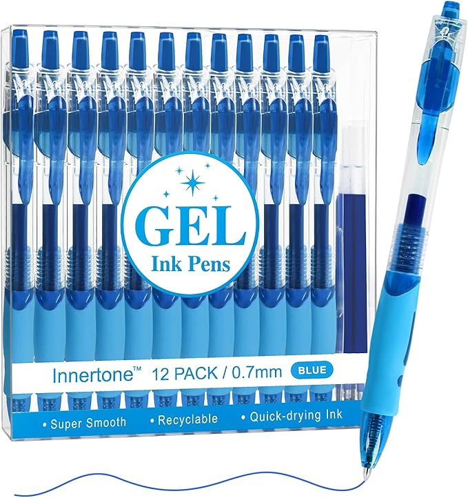 Innertone Blue Gel Pens,12 Pcs Retractable Fine Point 0.7mm With 4 Refills,Blue Pen,Featuring Smooth Writing And Quick-Drying Ink, Suitable For Women, Men, Journaling, School, And Office Use