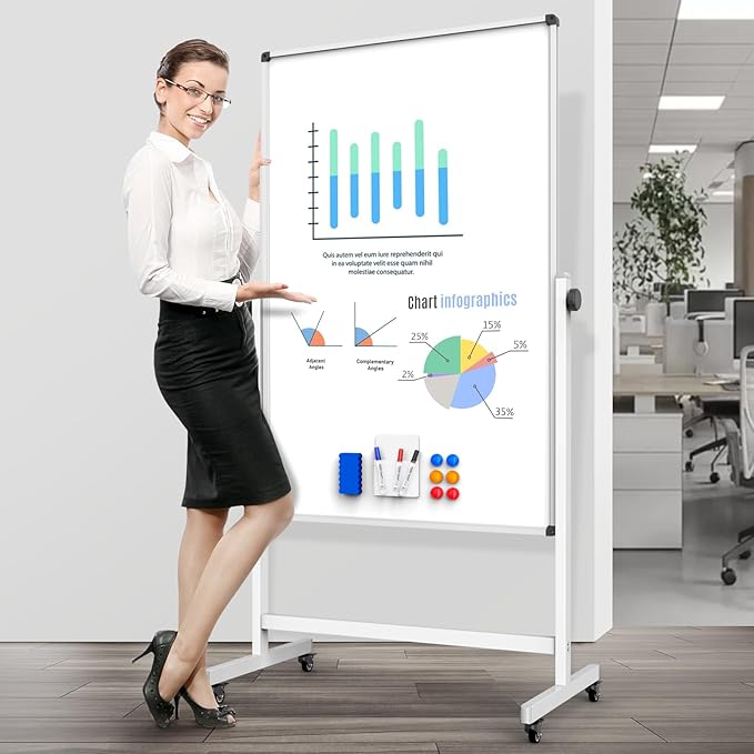 Rolling Whiteboard, Double Sided Magnetic Dry Erase Board Height Adjustable Whiteboard with Stand for Home Office Classroom (48" x 32")