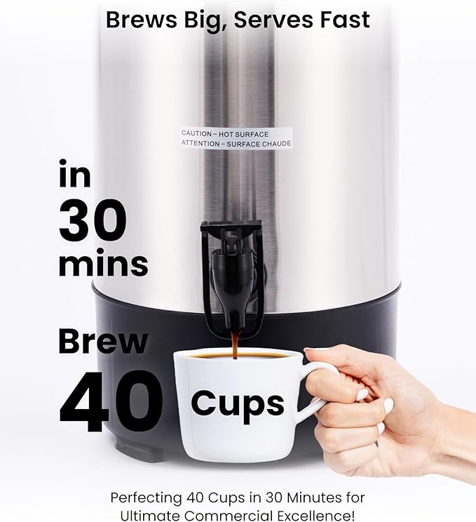 SYBO Commercial Grade Stainless Steel Percolate Coffee Maker, Hot Water Urn for Catering, Hot Beverage Dispenser, 40-Cup, 4.5L, Metallic