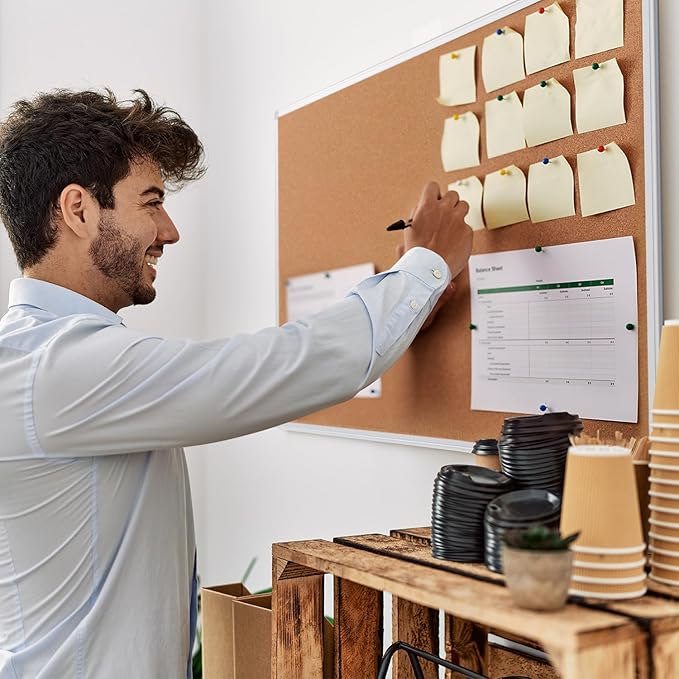 Board2by Large Cork Board Bulletin Board 48 x 36, Silver Aluminium Framed 4x3 Corkboard, Office Board for Wall Cork, Wall Mounted Notice Pin Board with 15 Push Pins for School, Home & Office