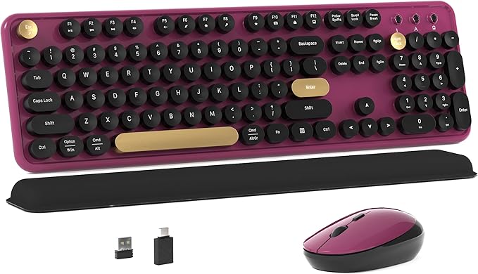 Colorful Wireless Computer Keyboard and Mouse Combo with Round Typewriter Keycaps, Retro Design, Power Switch, Ergonomic Design, 2.4GHz Wireless for Windows, Mac, PC(Black-Claret)