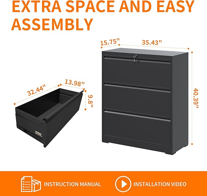 Locking Filing Cabinet with 3 Drawer Heavy Duty Large Metal File Cabinet Home Office Black Lateral File Cabinets Wide Steel Cabinet for Legal/Letter Size File,Assembly Required