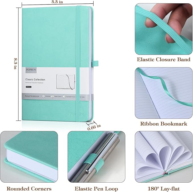 POPRUN A5 Lined Journal Notebooks, Leather Hardcover Thick Notebook for Writing, Business Work, Travel, School, College, Christmas, 5.5 x 8.3 inch, 240 Pages Classic Ruled Journals Notepad, Pink