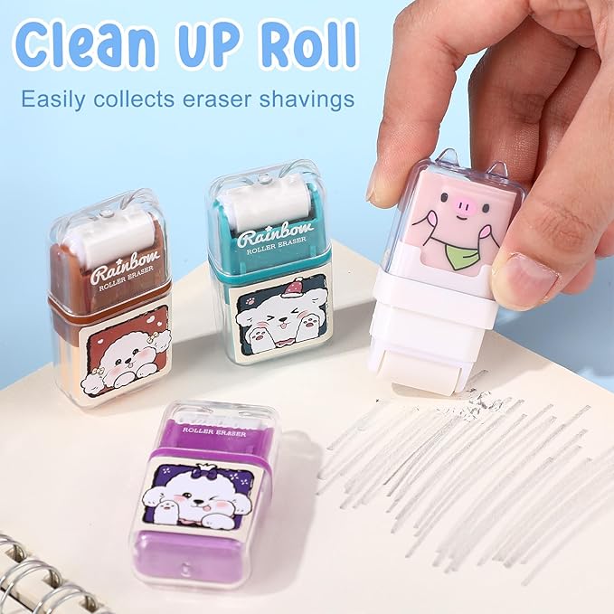 Seajan 44 Pcs Erasers for Kids Gift Bulk Cute Animal Themed Pencil Eraser with Clean up Roller for School Party Christmas Favors (Cute)