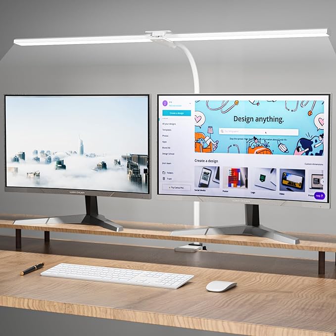 LED Desk Lamp, 31.5'' Wide Double Head Desk Lamps for Home Office, Dimmable 25 Lighting Modes 16W 1800lm Bright Desk Lighting, Eye Caring Architect Table Lamp for Workbench Monitor Study, White