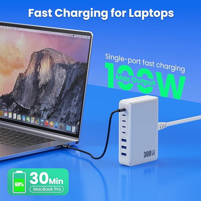 USB C Charger 300W USB C Charger Block 8-Ports GaN IV Fast Charging Station,PD 100W Laptop Charging Hub Wall Charge Adapter Compatible with MacBook/Air,DELL,Steam Desk,iPhone 16/15/14,Galaxy