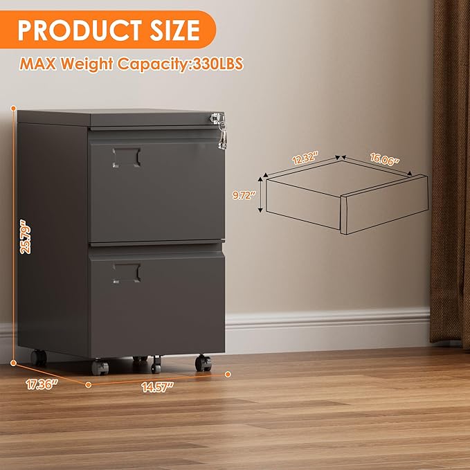 Aobabo Metal 2 Drawer Office File Cabinet with Lock, Under Desk Office Steel Files Cabinet on Wheels, 25.6''H Legal/Letter A4 Size, Assembly Required, Black