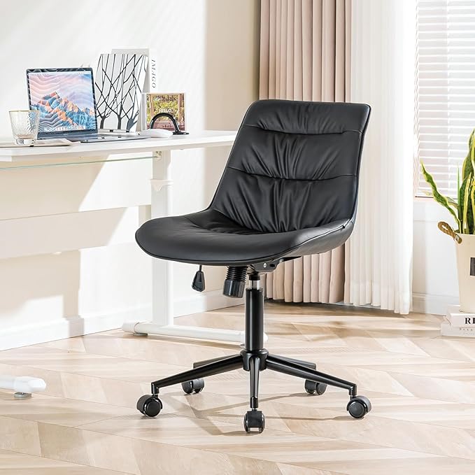 Kidol & Shellder Faux Leather Office Chair, Adjustable Swivel Height Task Chair, Rolling Wheels & Soft Backrest - Armless Ergonomic Desk Chair for Home, Office,Vanity,Gaming(Black)