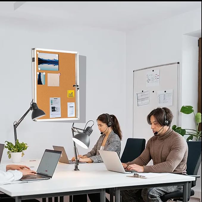 Cork Bulletin Board 24x36 inch Lockable Cork Noticeboard Enclosed Wall-Mounted Display Case for Office Classroom Home School Display Pictures (36x24, Natural Color)
