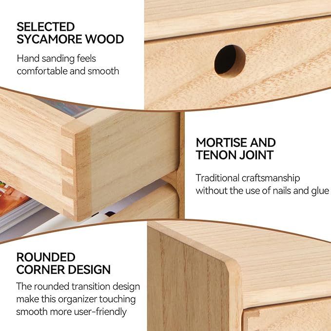 KIRIGEN Wood Organizer Shelf with 3 Drawers for Home Kicthen Decor Office Supplies Desktop Cabinet for Drawer Organizer - Desk Accessories Storage Box -Countertop Shelf Natural(DT2D3C-NA)