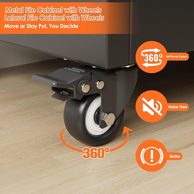 Aobabo Metal 3 Drawers Lateral File Storage Cabinet and Unit Adjustable Shelf Organizer, Steel Files Cabinet with Wheels, 2 Door Storage for Office Legal/Letter A4 Size, Assembly Required, Black