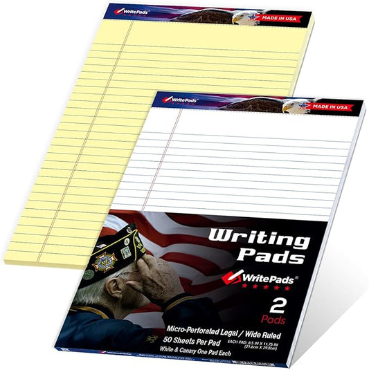 KAISA Legal Pads Letter Size Wide Ruled Writing Pads, 8.5x11 Legal Pad Note Pads 50 Sheets Per Pad,Ruled Paper Notepads, 20 lb Heavy Paper, Rigid Back, Veteran 2 Pads,BK-3098,Made In The USA