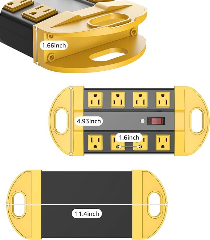 CCCEI Heavy Duty Power Strip Surge Protector, Metal 8 Outlets Power Strip for Appliance. Garage Shop Industrial Workbench 15 AMP Outlets Strip. 15FT Extension Cord, Yellow