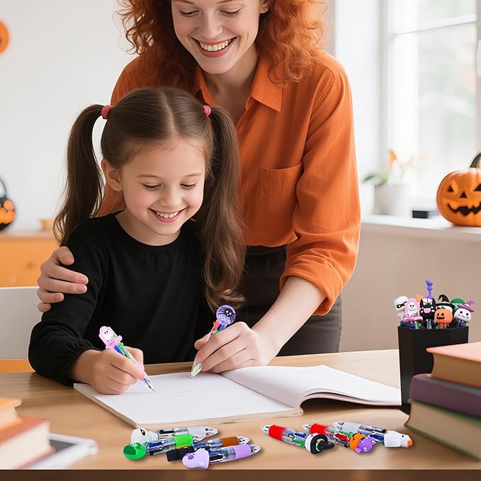 LiYiQ 100 Pcs Halloween Colorful Multicolor Pen in One Cartoon Cute Fun 4-in-1 Cute Pens Bulk Kawaii Pumpkin Ghost Bat Shape Cool Ballpoint Pens for Kids Fun Gifts