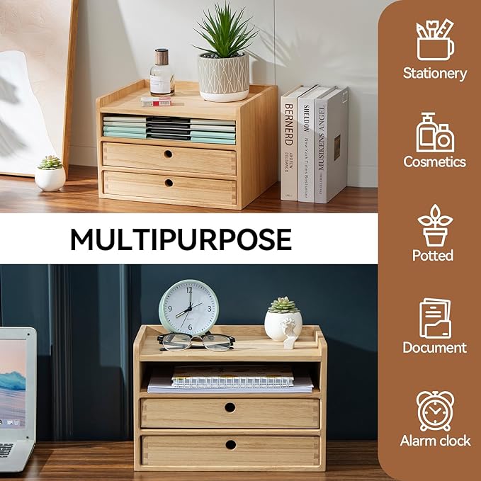 KIRIGEN Desktop Organizer with 2 Drawers and Tray - Wood Office Desk Storage Shelf for Office Supplies - Small Cabinet for Countertop Accessories Storage 3 Layer Natural(DT3D2C-NA)