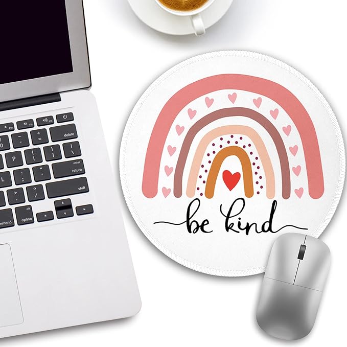 Rainbow Be Kind Round Mouse Pad, Small Mouse Pad with Non-Slip Rubber Base, Stitched Edge Mousepad for Desk Wireless Mouse, Gaming Mouse Mat for Computer Laptop Office Home Women, 8.6 x 8.6 Inch