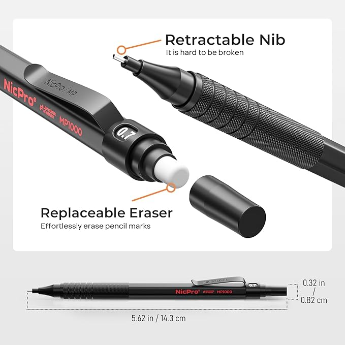 Nicpro 35PCS Black Metal Mechanical Pencils Set in Case, Art Drafting Pencil 0.5, 0.7, 0.9 mm & 3PCS 2mm Graphite Lead Holder for Drawing Sketching With 20 Tube Lead Refills(6B 4B 2B HB 2H 4H Colors)
