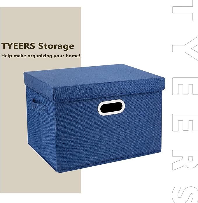 TYEERS Large Storage Bins with Lids, Collapsible, Washable, Fabric Storage Boxes for Organizing, 17.3x11.8x11.4 inches, 5 Pack, Classic Blue