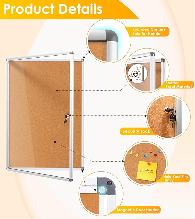 SWANCROWN Enclosed Bulletin Board 36x24 in, Tamperproof Lockable Cork Board Wall Display Case for Office School Home, Aluminum Frame