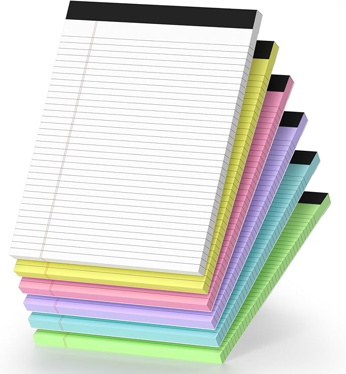 6 Pack Legal Pads 8.5 x 11 College Ruled Colored Note Pads 8.5" x 11" Lined Paper Chipboard-Backed Notepad with Micro-Perforated Notebook Paper for Office & School Supplies 50 Sheets/Pad